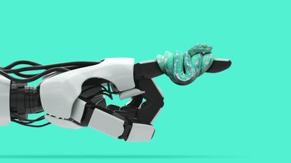 Illustration of a robotic hand with a snake wrapped around its finger