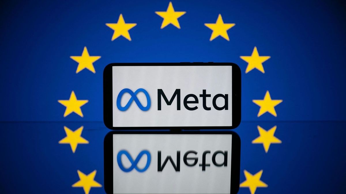 This picture taken on April 27, 2023 in Toulouse, southwestern France, shows a screen displaying the Meta logo and the European flag.