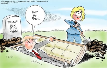 Political cartoon U.S. 2016 election Hillary Clinton Donald Trump sexual audio recordings