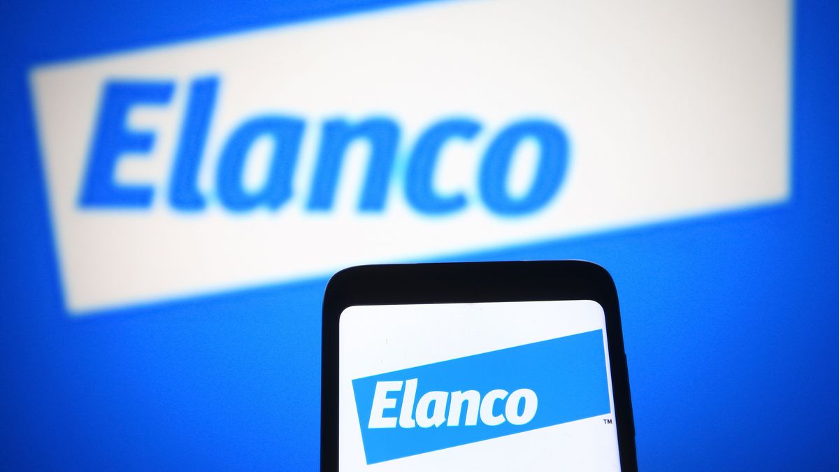 A phone bearing the Elanco logo on a blue background. Behind it, the Elanco logo is visible on a white background. Decorative: The Elanco logo is the word &quot;Elanco&quot; in a print font.