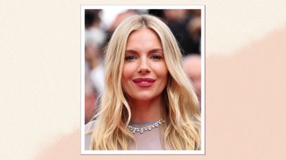 Sienna Miller is pictured with rosy lipstick and wavy hair whilst attending the &quot;Horizon: An American Saga&quot; Red Carpet at the 77th annual Cannes Film Festival at Palais des Festivals on May 19, 2024 in Cannes, France/ in a cream and beige gradient template