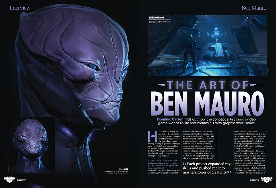 Double-page spread, interview from ImagineFX 242 with the heading 'The art of Ben Mauro', creature and Master Chief concepts from Halo.