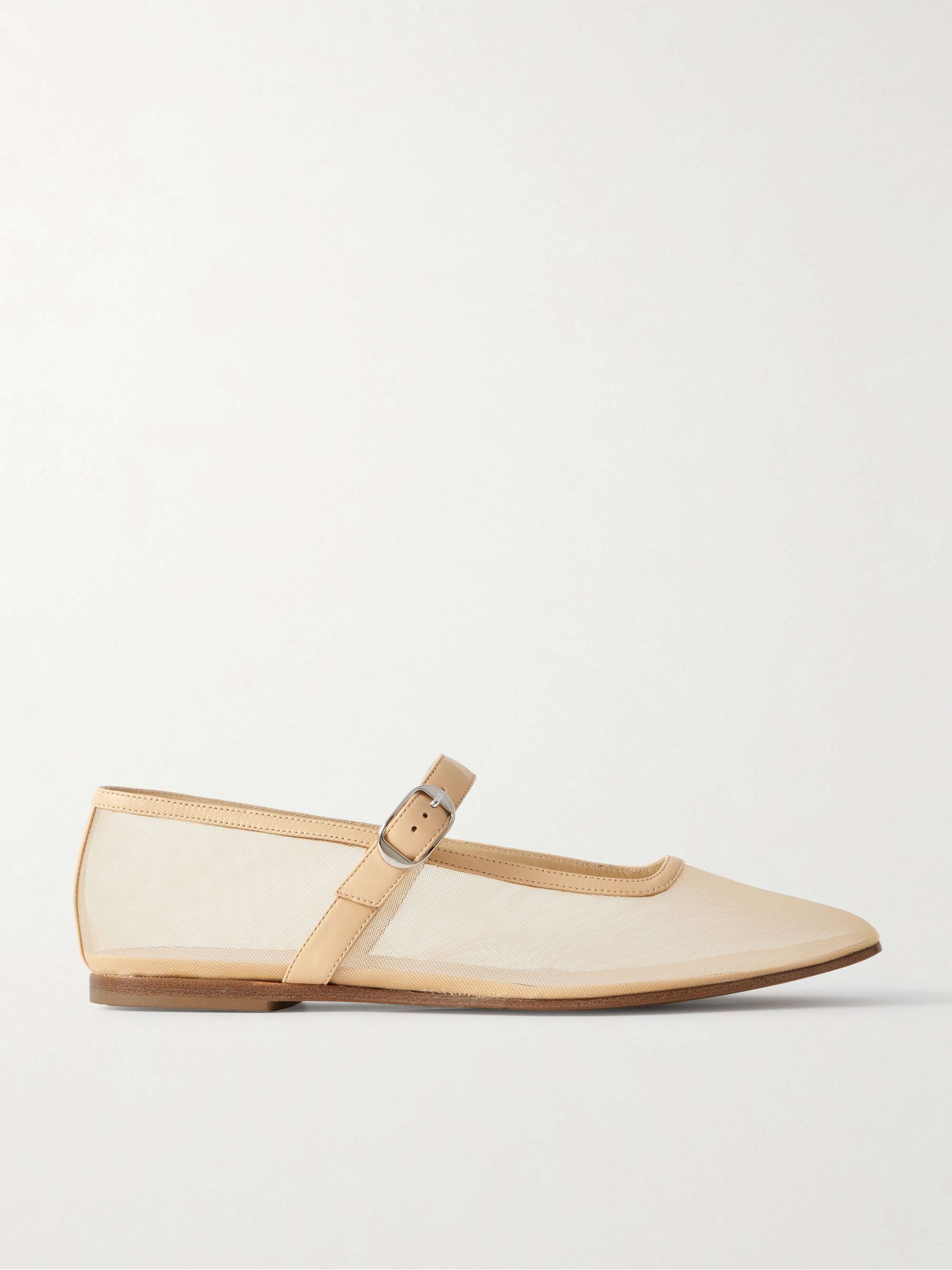 Leather-Trimmed Mesh Mary Jane Ballet Flats