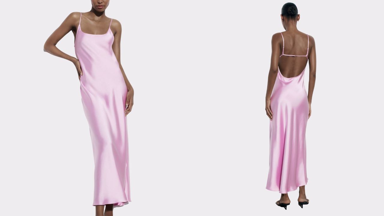 composite of model from front and back wearing a pink zara slip dress