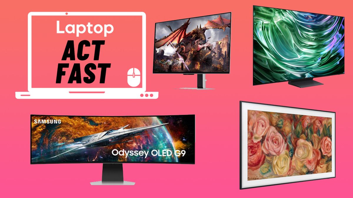 Samsung Monitors and TVs on a gradient background with a Laptop &quot;Act Fast&quot; deal badge in the upper-left corner