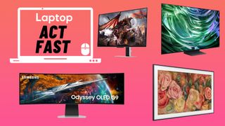 Samsung Monitors and TVs on a gradient background with a Laptop &quot;Act Fast&quot; deal badge in the upper-left corner