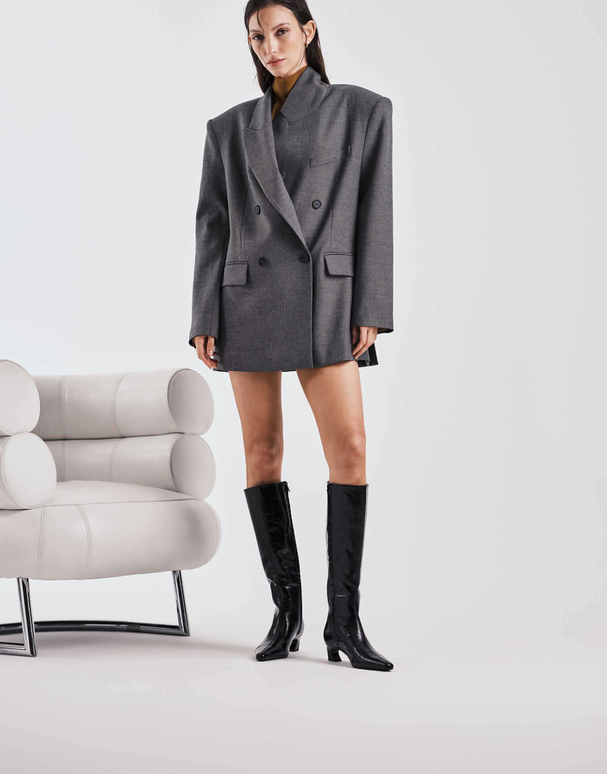 Tony Bianco Mango Curved Kitten Heel Knee Boots in Black Crinkle