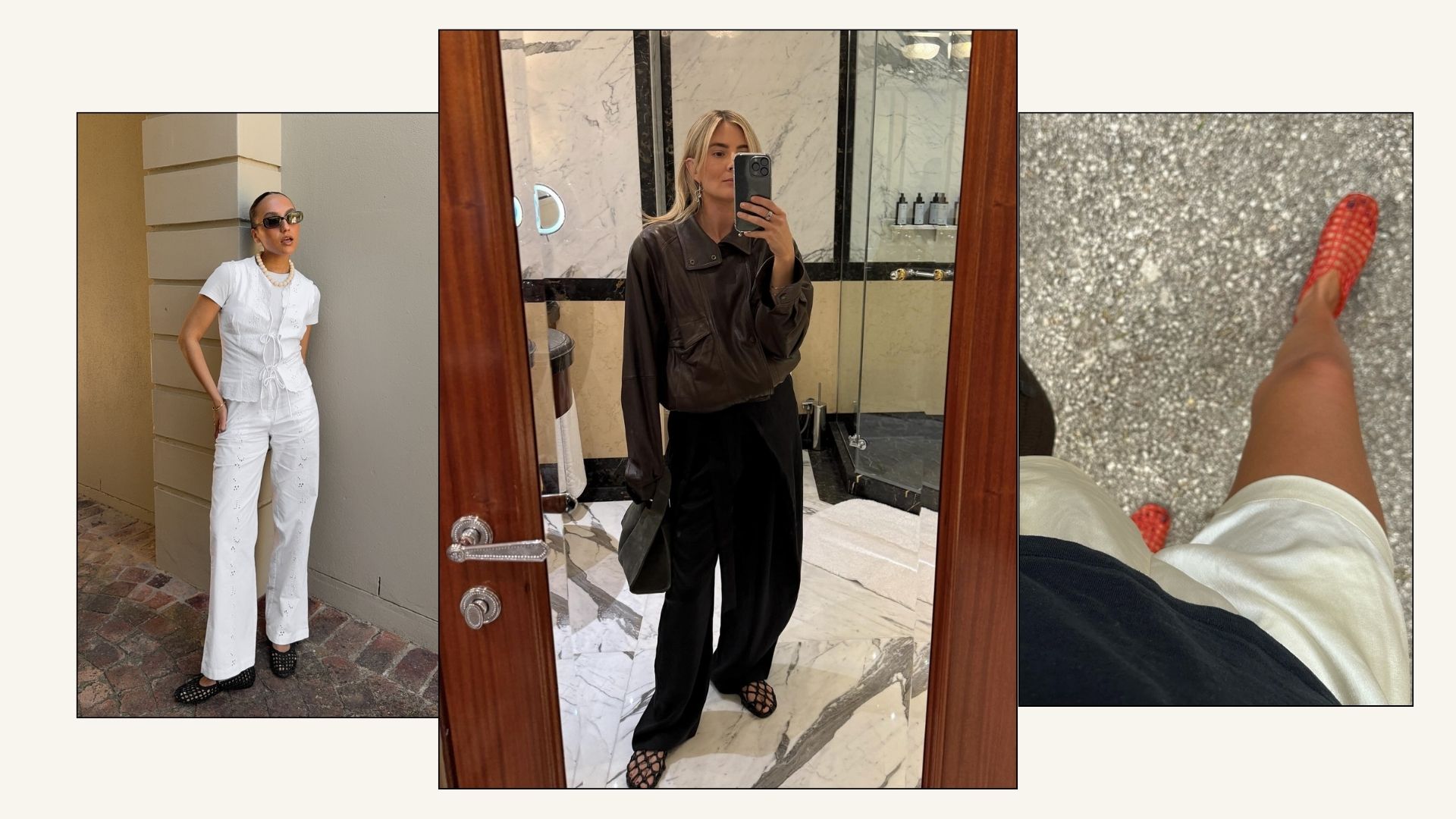 Influencer wears lattice ballet flats.