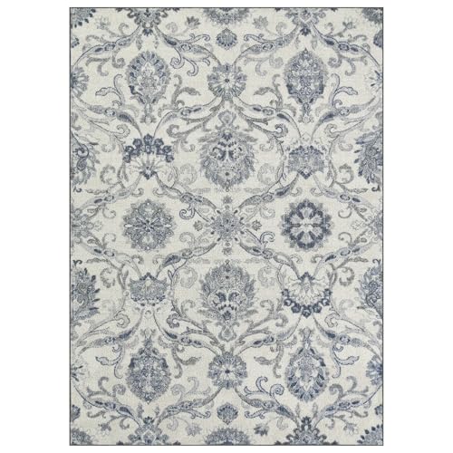 Maples Rugs Blooming Damask Area Rugs &amp;ndash; Made in Usa &amp;ndash; Low Pile, Non Slip Pet-Friendly Mat for Bedroom, Office, Living &amp;amp; Dining Room, 5' X 7', Grey/blue