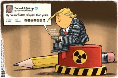 Political cartoon U.S. ump Kim Jong Un North Korea nuclear weapons bigger button