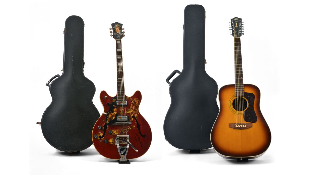 Jimi Hendrix custom left-hand 1967 Cherry Red Guild Starfire V and Steve Miller's Guild 12-string.