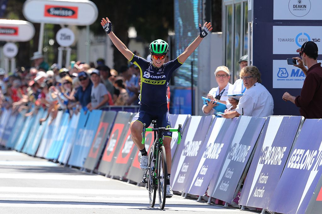 Annemiek van Vleuten (Orica-Scott) celebrates her first win of 2017