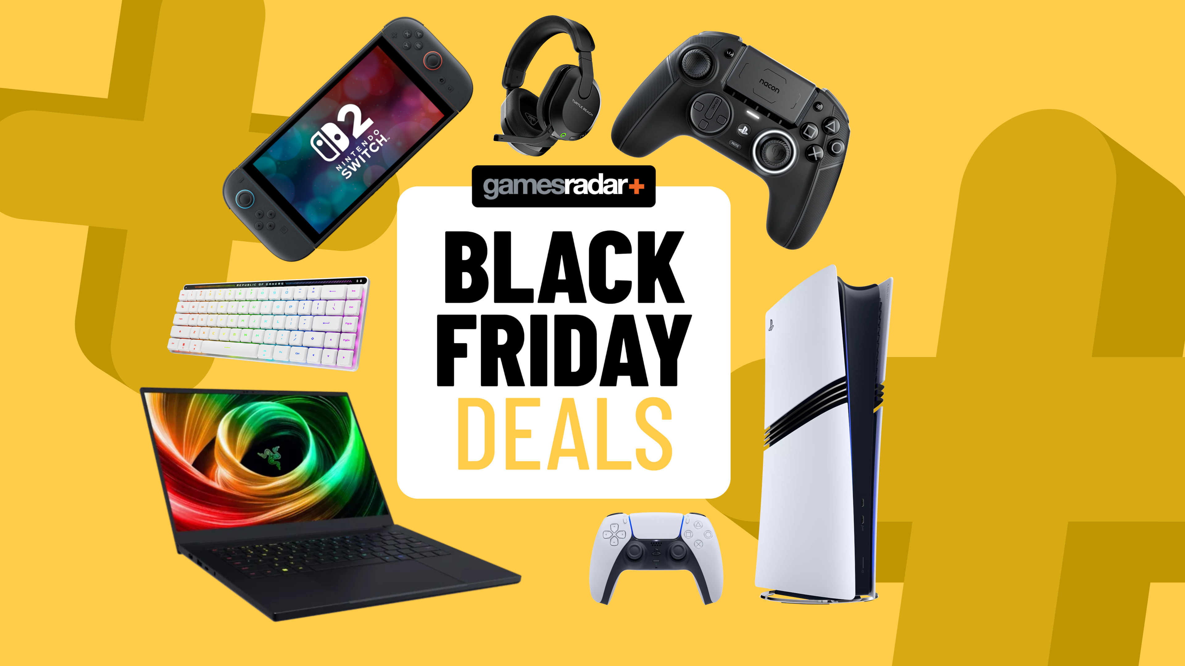 Gaming consoles and accessories on a yellow background with Black Friday deals badge