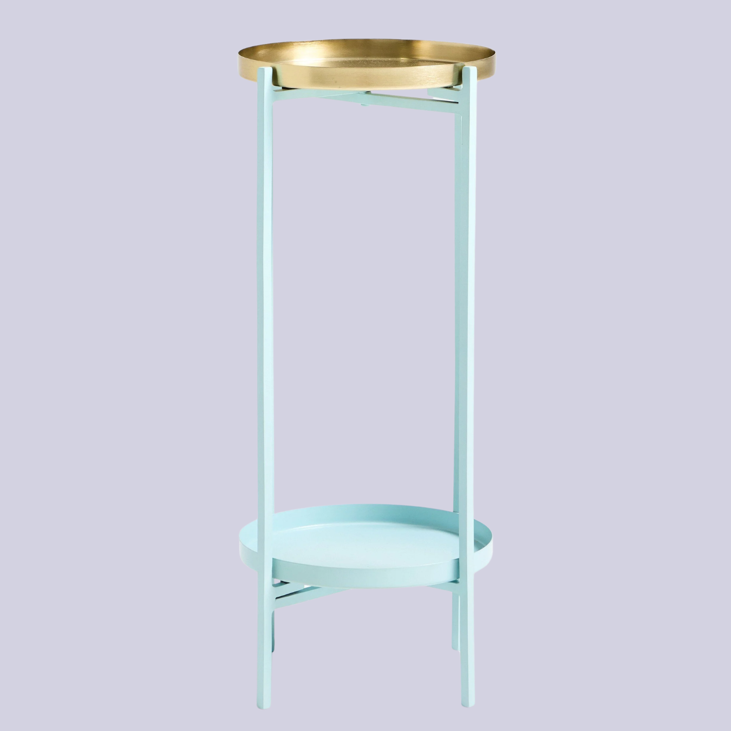 A blue plant stand with a gold top