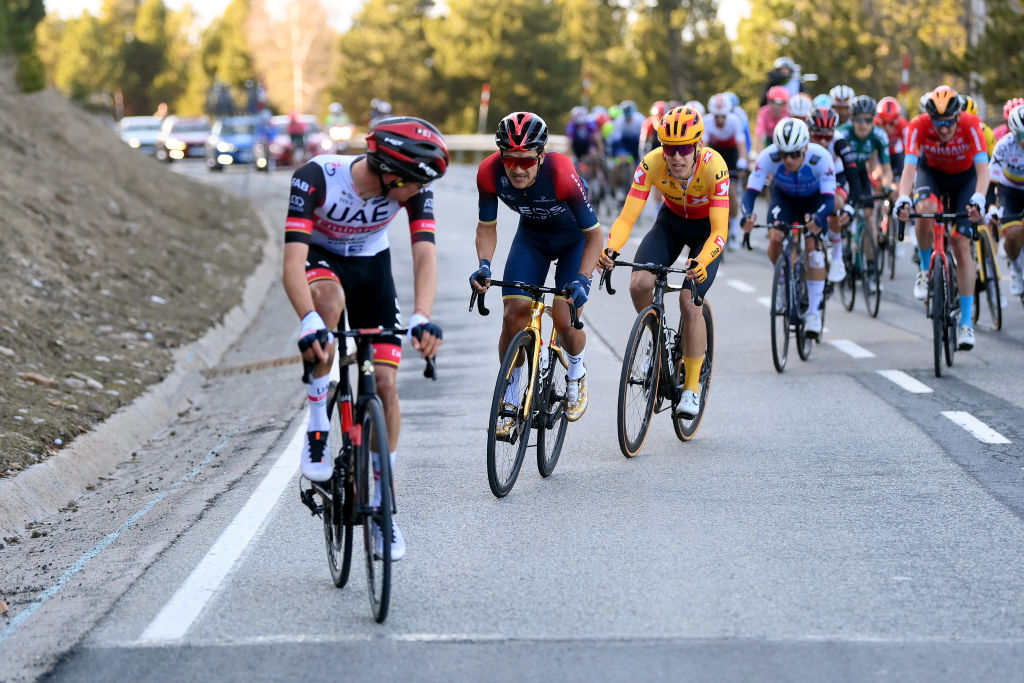 LA MOLINA SPAIN  MARCH 23 Juan Ayuso Pesquera of Spain and UAE Team Emirates competes ahead of Richard Carapaz of Ecuador and Team INEOS Grenadiers during the 101st Volta Ciclista a Catalunya 2022 Stage 3 a 1611km stage from Perpignan to La Molina 1691m  VoltaCatalunya101  WorldTour  on March 23 2022 in La Molina Spain Photo by David RamosGetty Images
