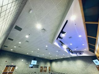 The auditorium now has fully controllable DMX LED house lighting by The Light Source. On stage, eight The Light Source RGBW pendants, ten Chauvet F-145WW fresnels, and eight Chauvet Ovation P-56FC PAR lights were installed.