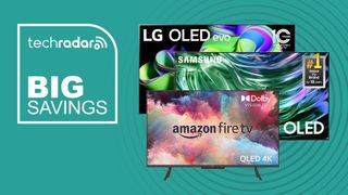 LG, Samsung and Amazon Fire TV on an orange background next to TechRadar big savings badge