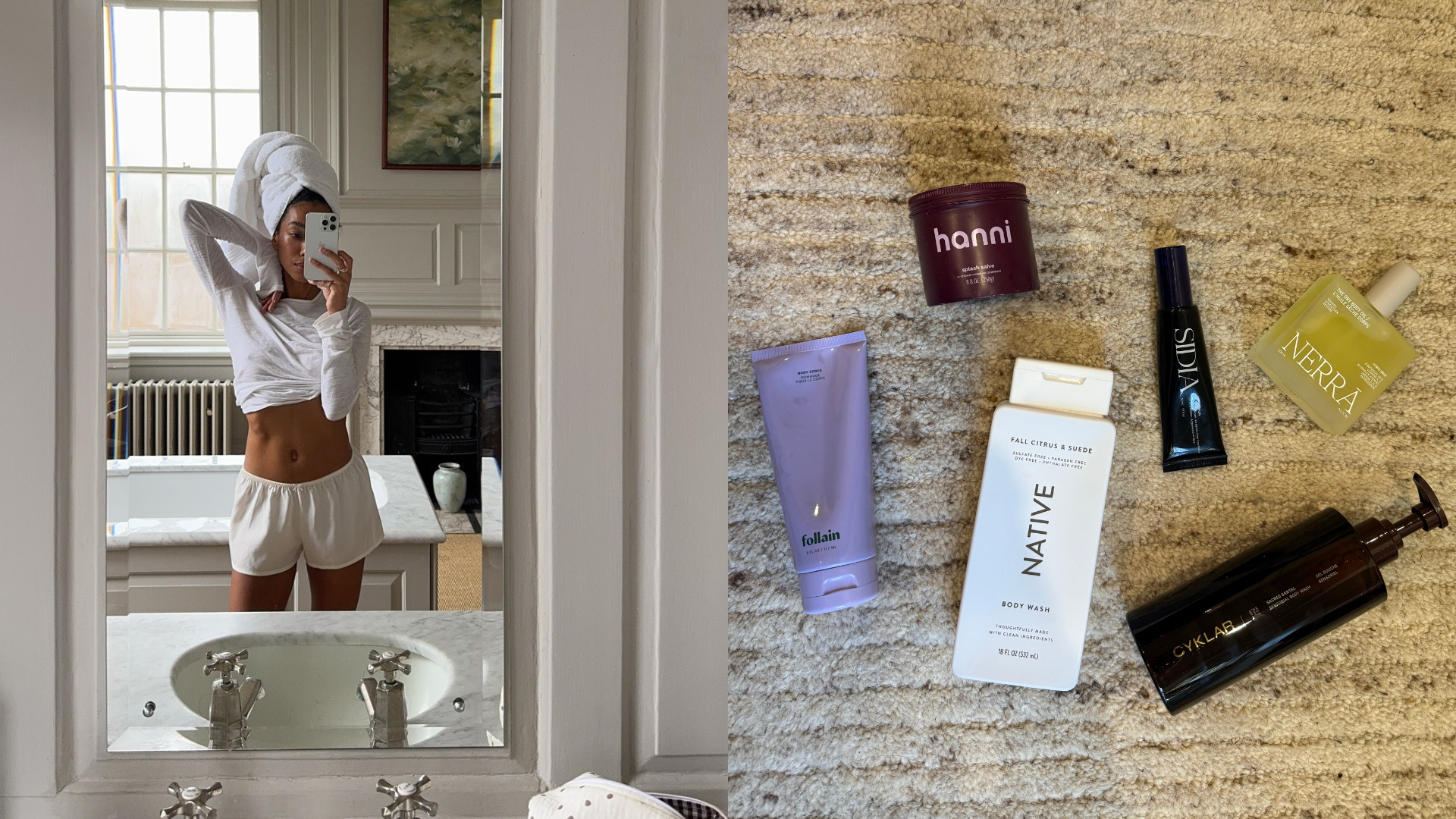 Collage of creator @amaka.hamelijnck taking a mirror selfie and Jamie Schneider's bodycare staples