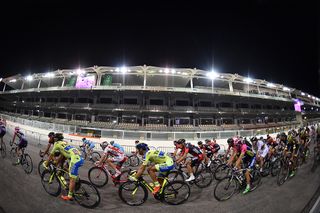 The Abu Dhabi peloton in action at the Yas Marina Formula One track.