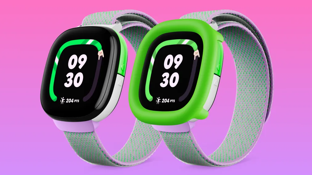 Fitbit Ace LTE children&#039;s smartwatch in two colors, on purple background