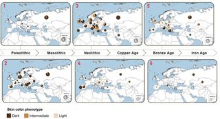 a map showing skin color distributions over different time periods in Eurasia