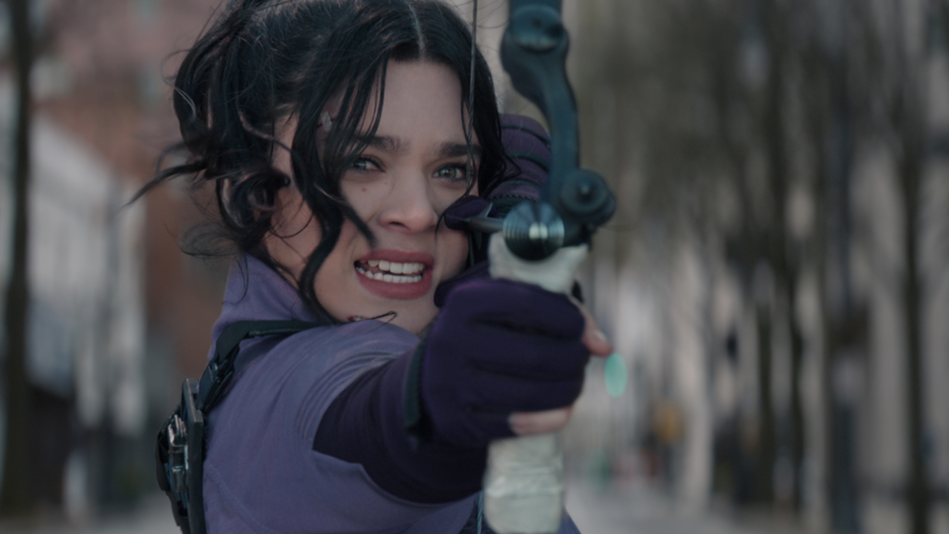 Kate Bishop lines up a shot in Marvel Studios' Hawkeye TV show