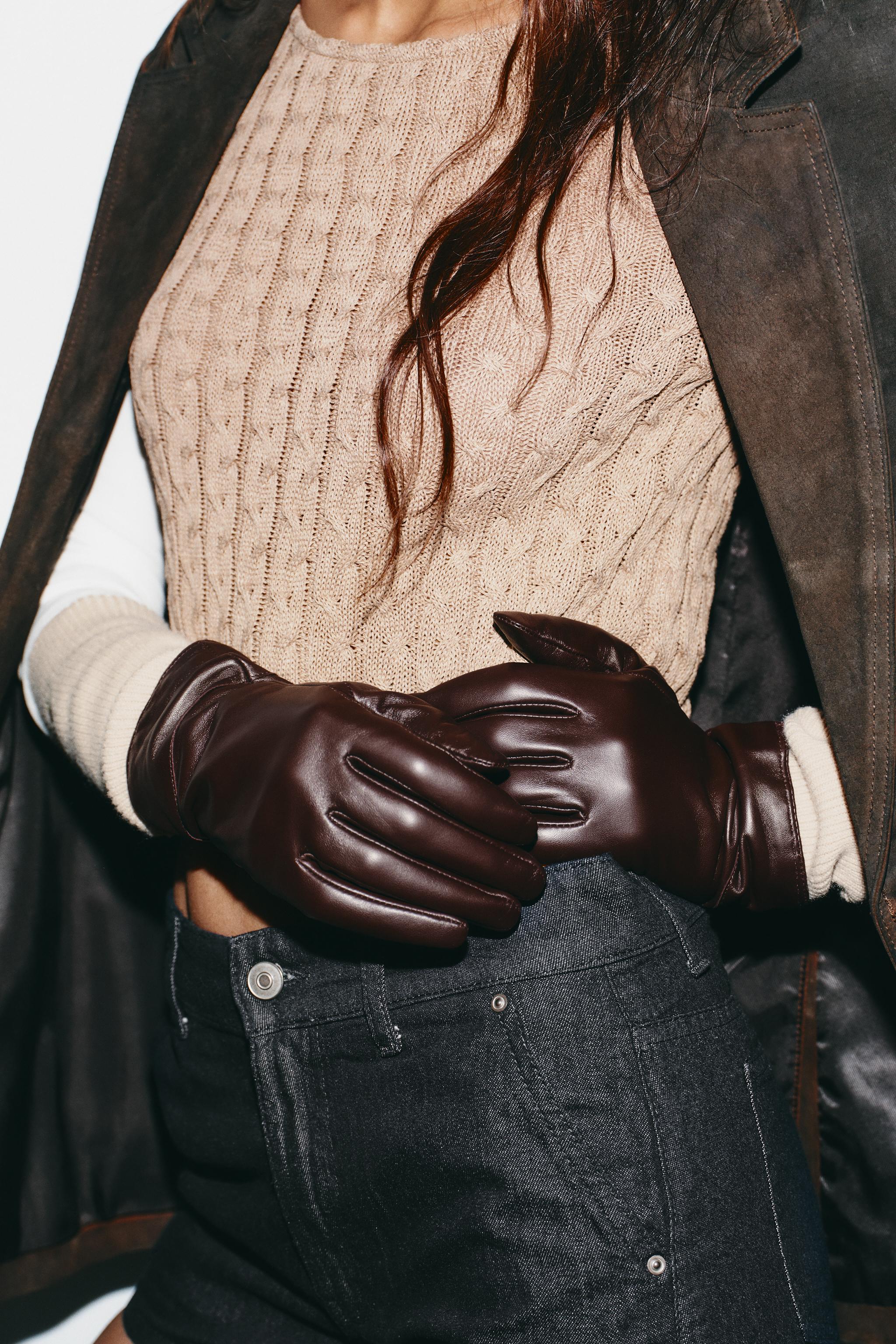 ZARA 100% Leather Combination Gloves With Floral Embroidery