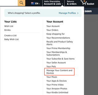 A list of account options on Amazon