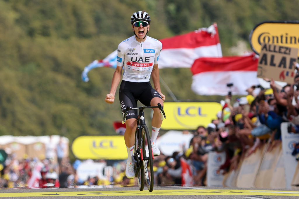 LE MARKSTEIN, FRANCE - JULY 22: White jersey of best young rider Tadej Pogacar of Slovenia and UAE Team Emirates celebrates at finish line winning stage twenty of the 110th Tour de France 2023, a 133.5km stage from Belfort to Le Markstein Fellering / #UCIWT / on July 22, 2023 in Le Markstein Fellering, France. (Photo by Jean Catuffe/Getty Images)