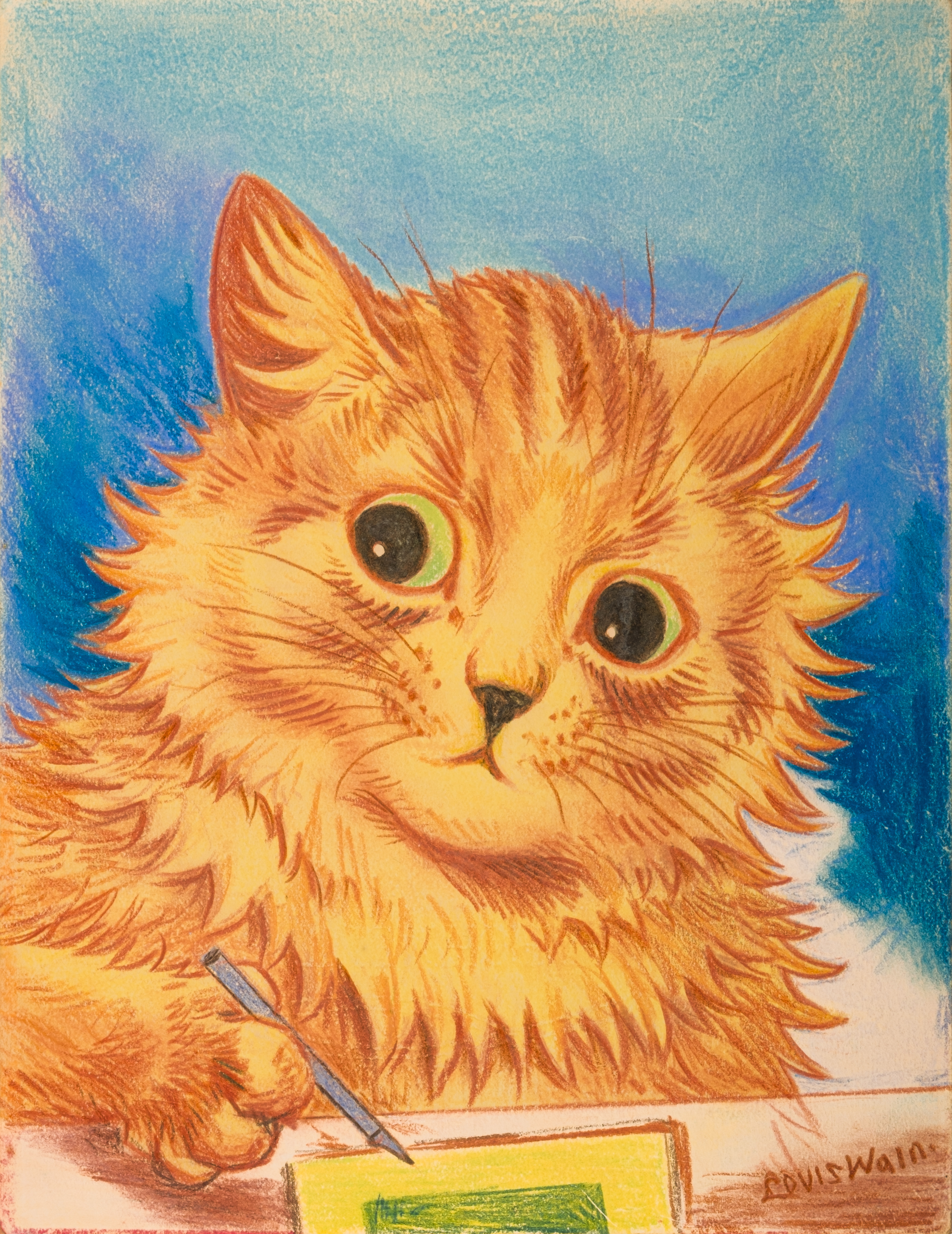 Louis Wain's 'Drawing Cat' shows a shocked looking orange cat with green eyes drawing something