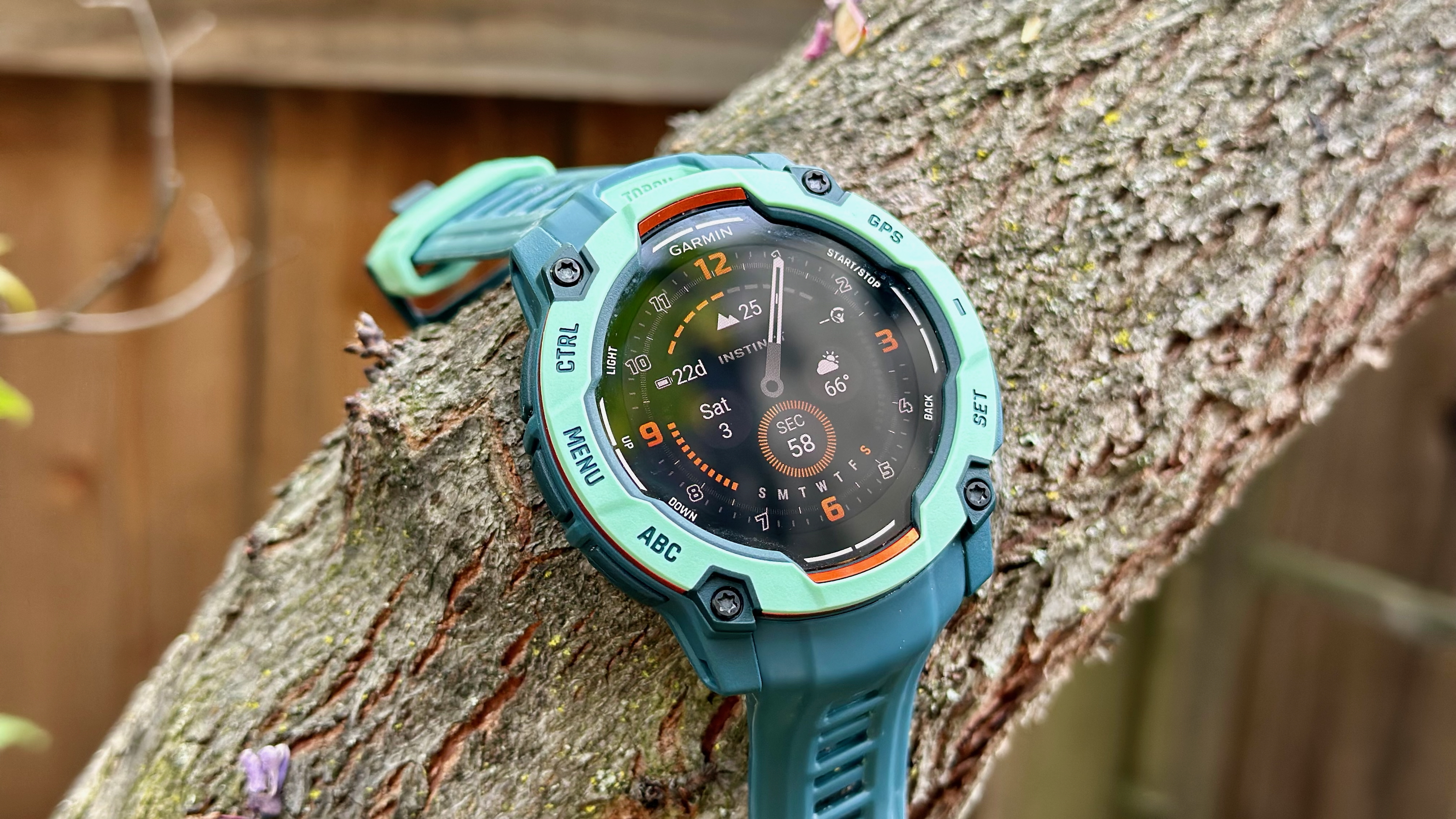 The Garmin Instinct 3 50mm AMOLED perched atop a thick tree branch at a 45º angle, the watch face showing traditional watch hands above various small data fields.