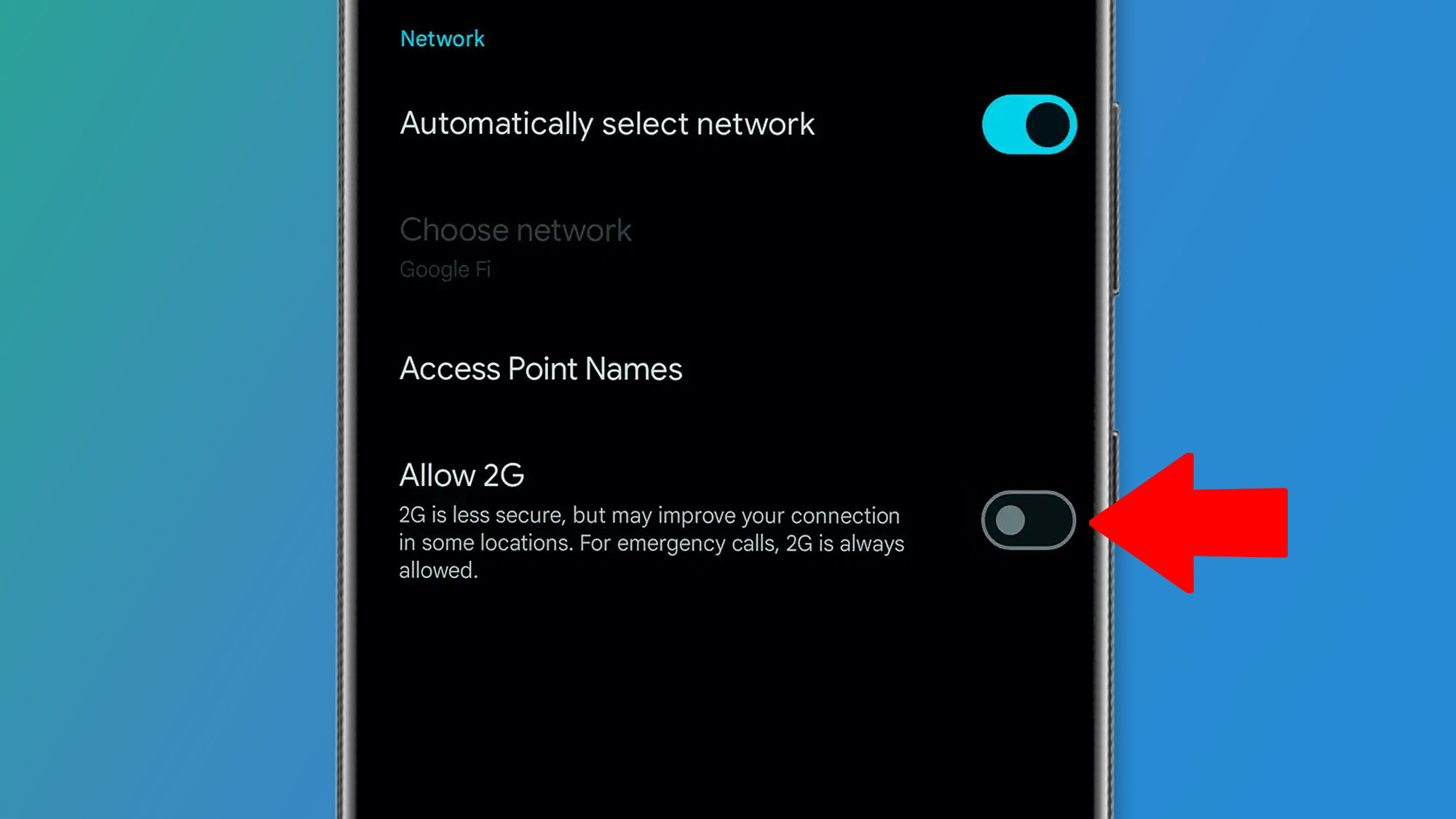 An Android phone on a green and blue background showing the 2G toggle setting