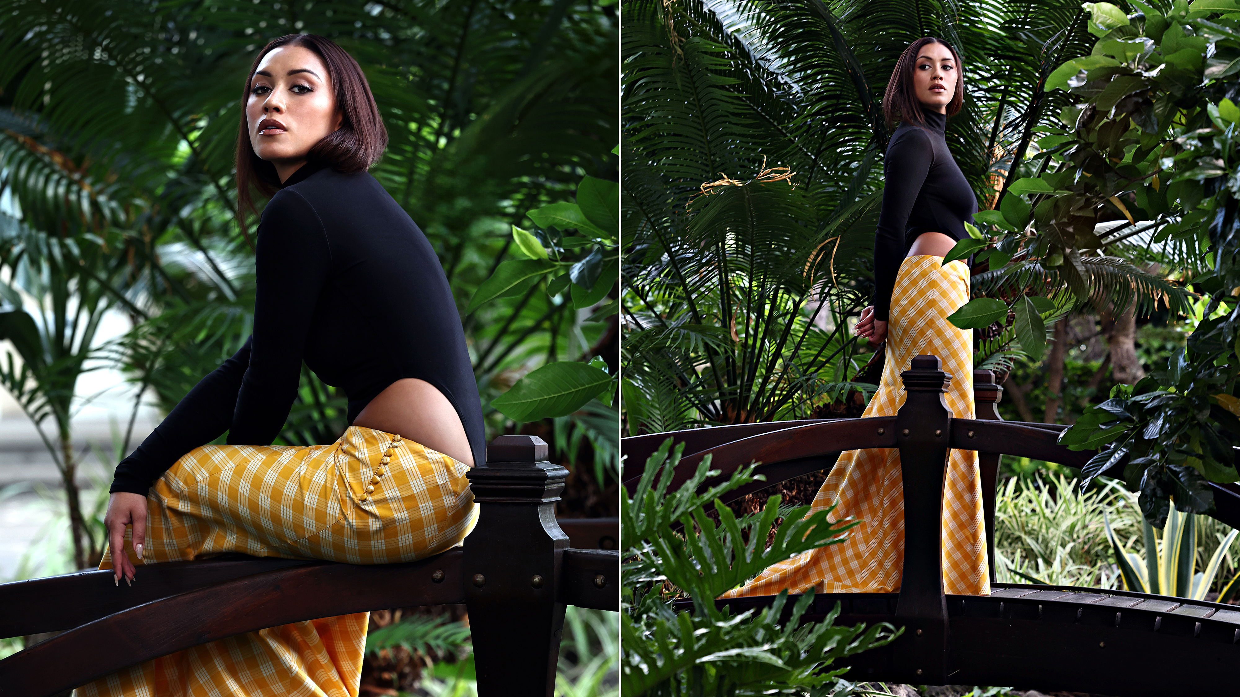 Luciane Buchanan photos taken during a press day for her new show Chief of War. She is wearing a custom look by Hawaiian designer Rocket Ahuna consisting of a black high neck, long-sleeve top that cuts up on the side and a yellow and white gingham maxi skirt.