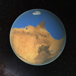 An artist's depiction of water on ancient Mars.