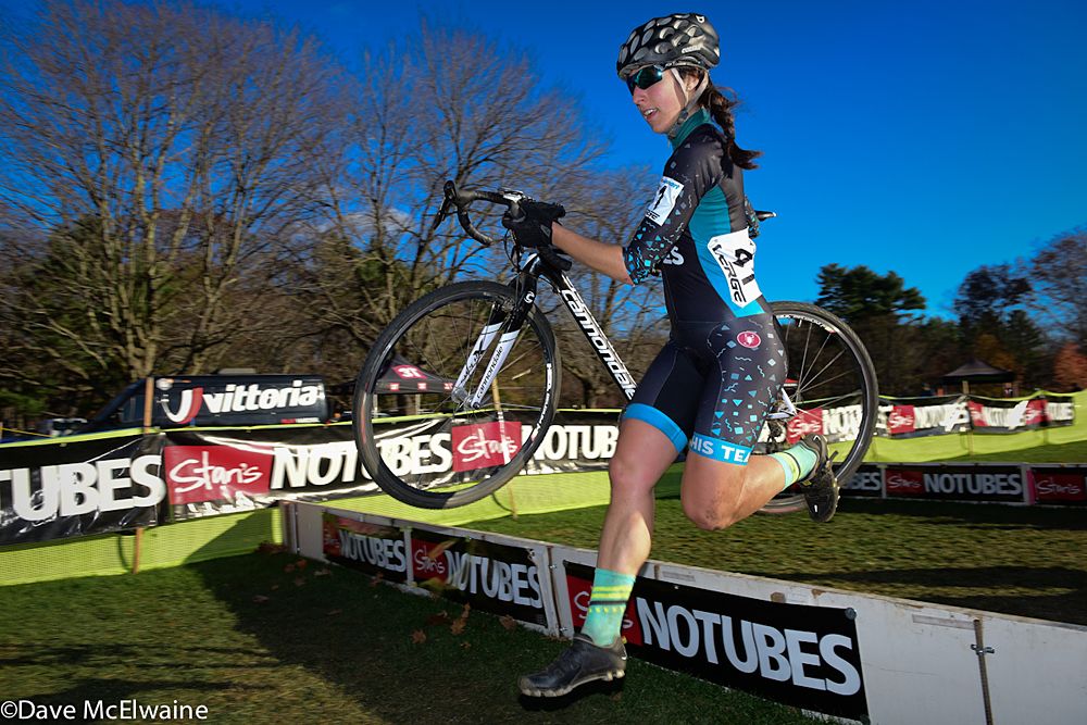 Natalie Tapias (Thisteamsaveslives) sprinting over the barriers with one lap to go