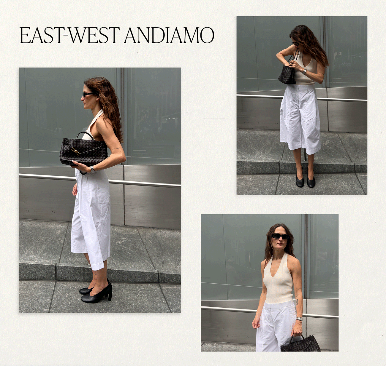 A collage of photos of Eliza Huber carrying the Bottega Veneta East-West Andiamo Bag in the color Fondant. She's also wearing a cream-colored halter top, black heels, and a white pair of culottes.