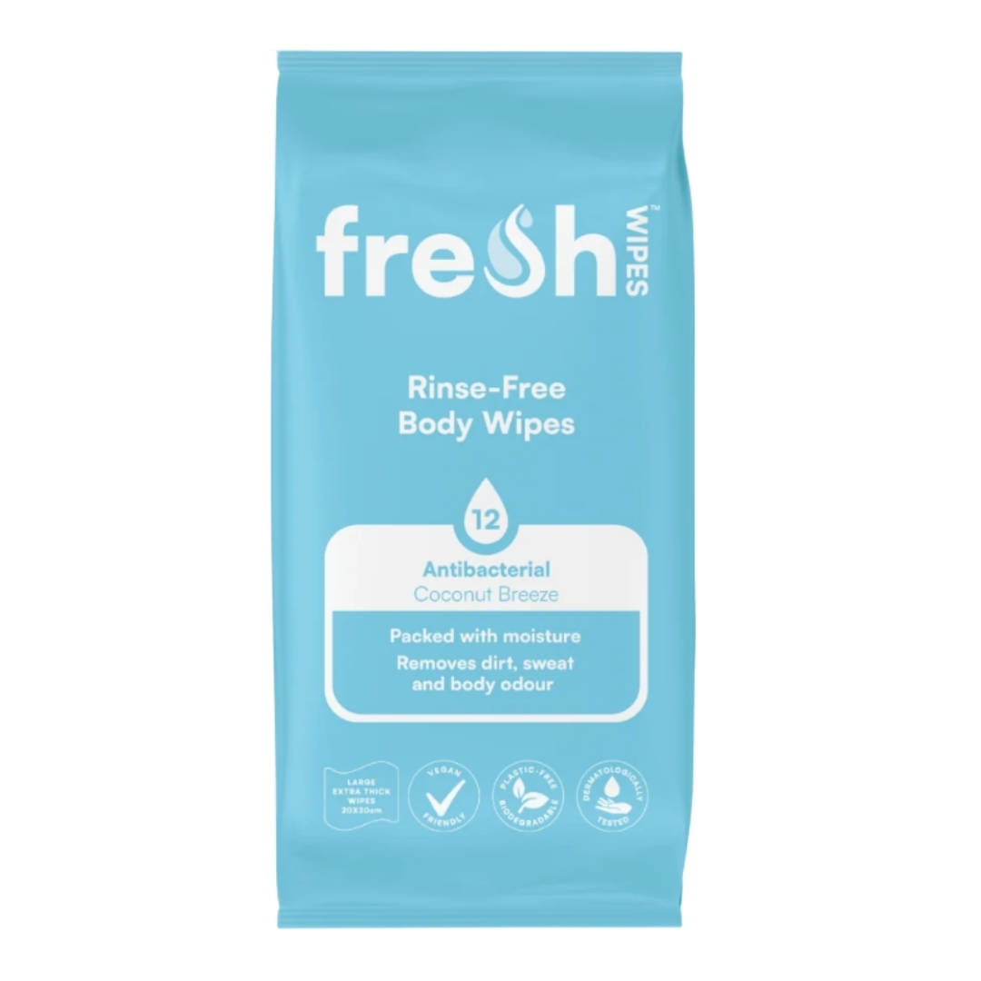 A product shot of the Freshwipes Coconut Breeze Body Wipes, on a white background