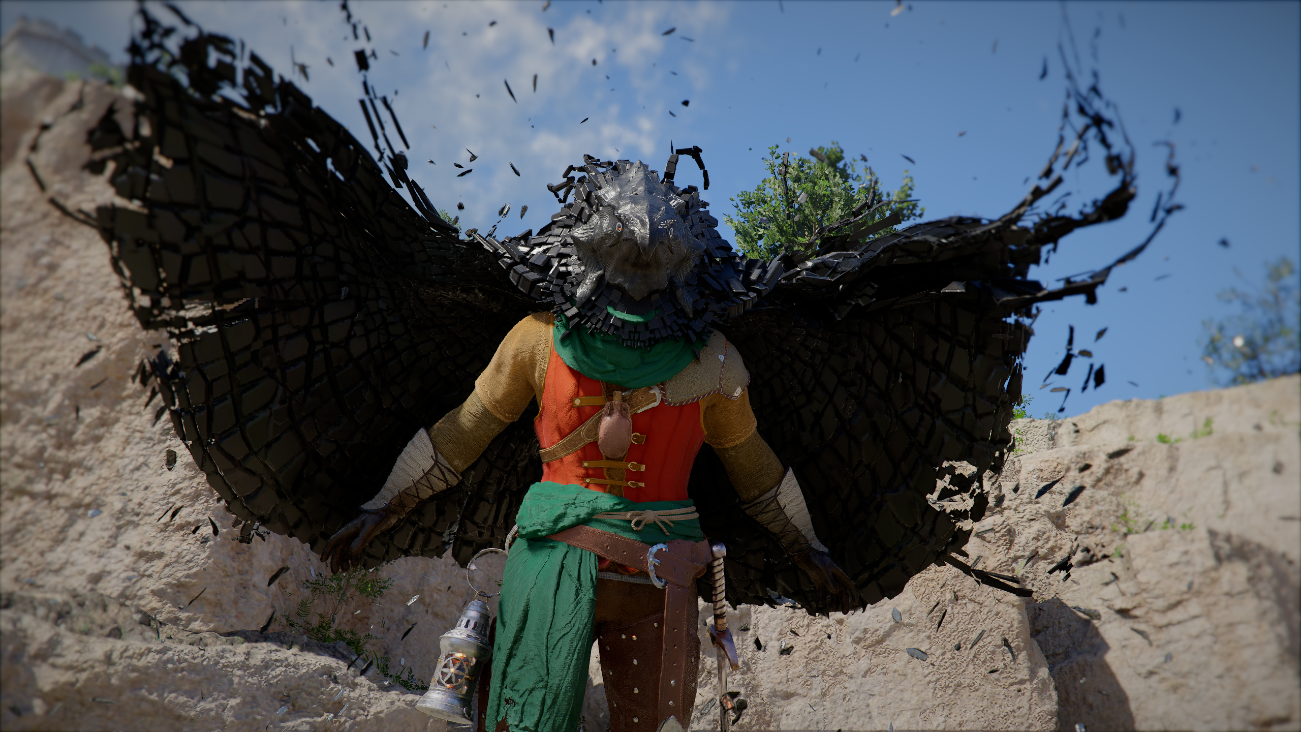 Crimson Desert: A close-up of Kliff flying down from a cliff while in bird form.