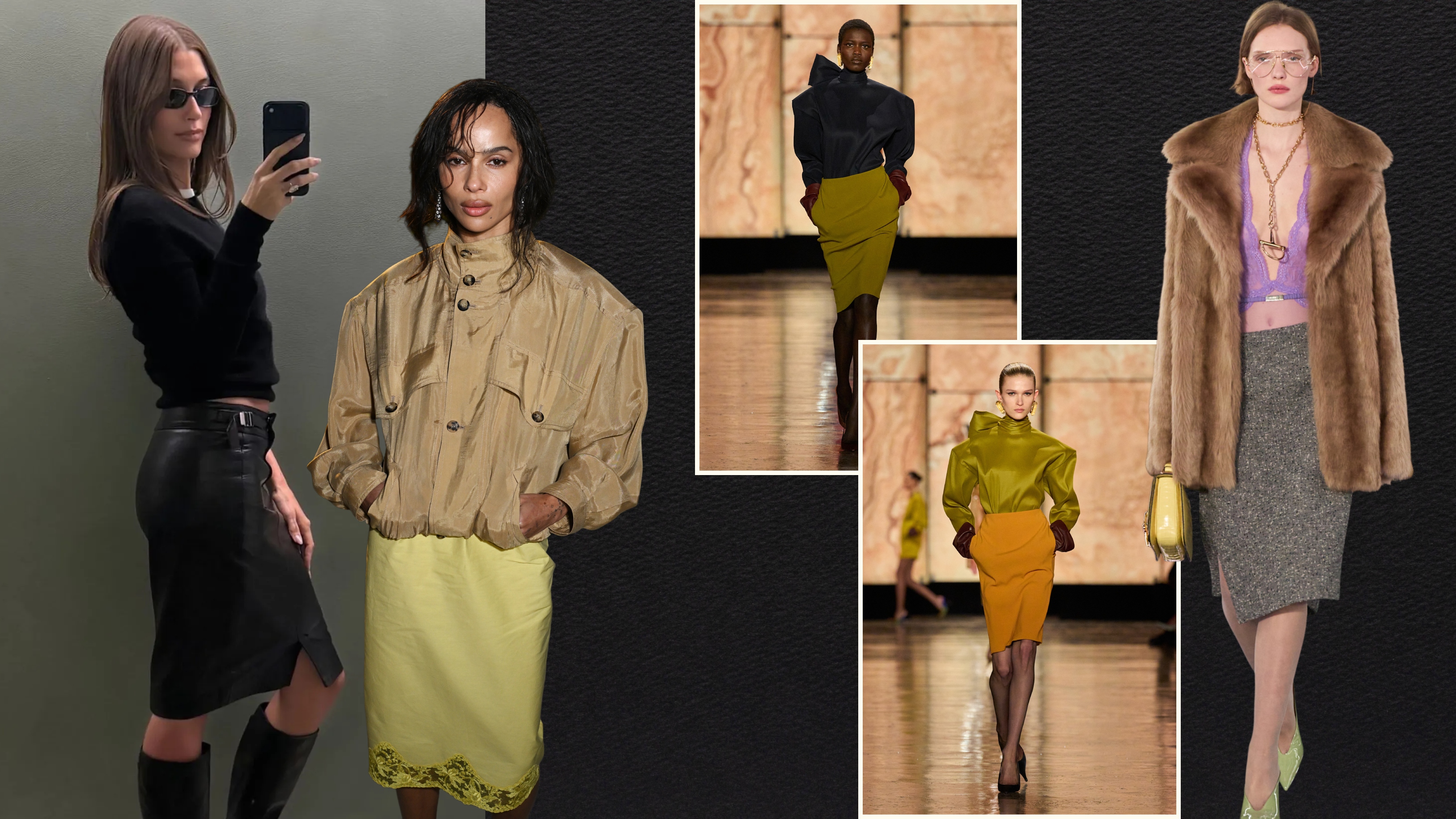 pencil skirt trend: hailey bieber wearing a pencil skirt; zoe kravitz wearing a pencil skirt; runway models wearing pencil skirts