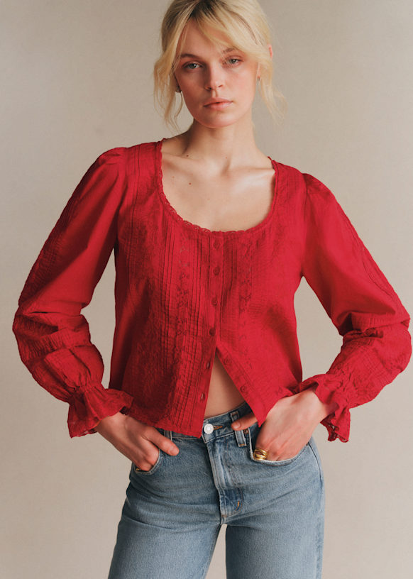 Tinia Shirt - Red Solid Embroidery - Organic Cotton - S&amp;eacute;zane