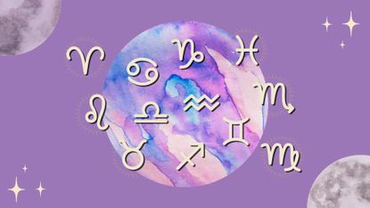 The zodiac signs and the colorful full moon against a purple background