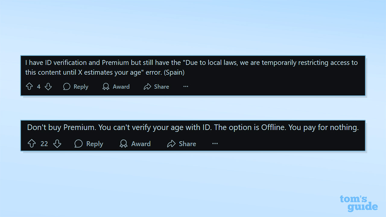 Screenshots of Reddit users warning about X's age verification systems