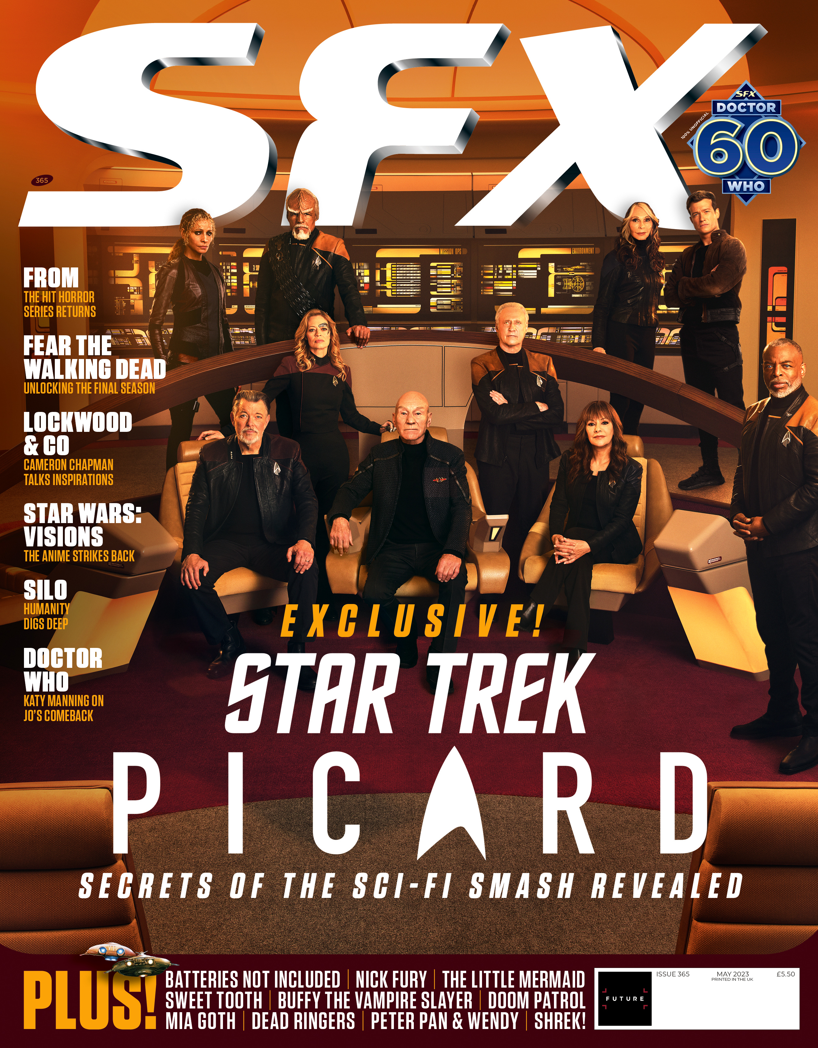 The Next Generation crew on the bridge of the Enterprise, on the cover of  SFX 365.