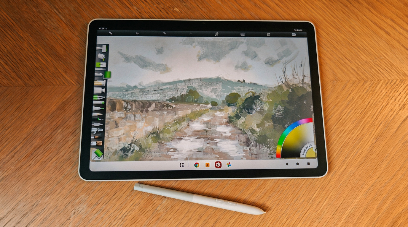 Photos of a white drawing tablet on a wooden table, the XPPen Magic Pro 13