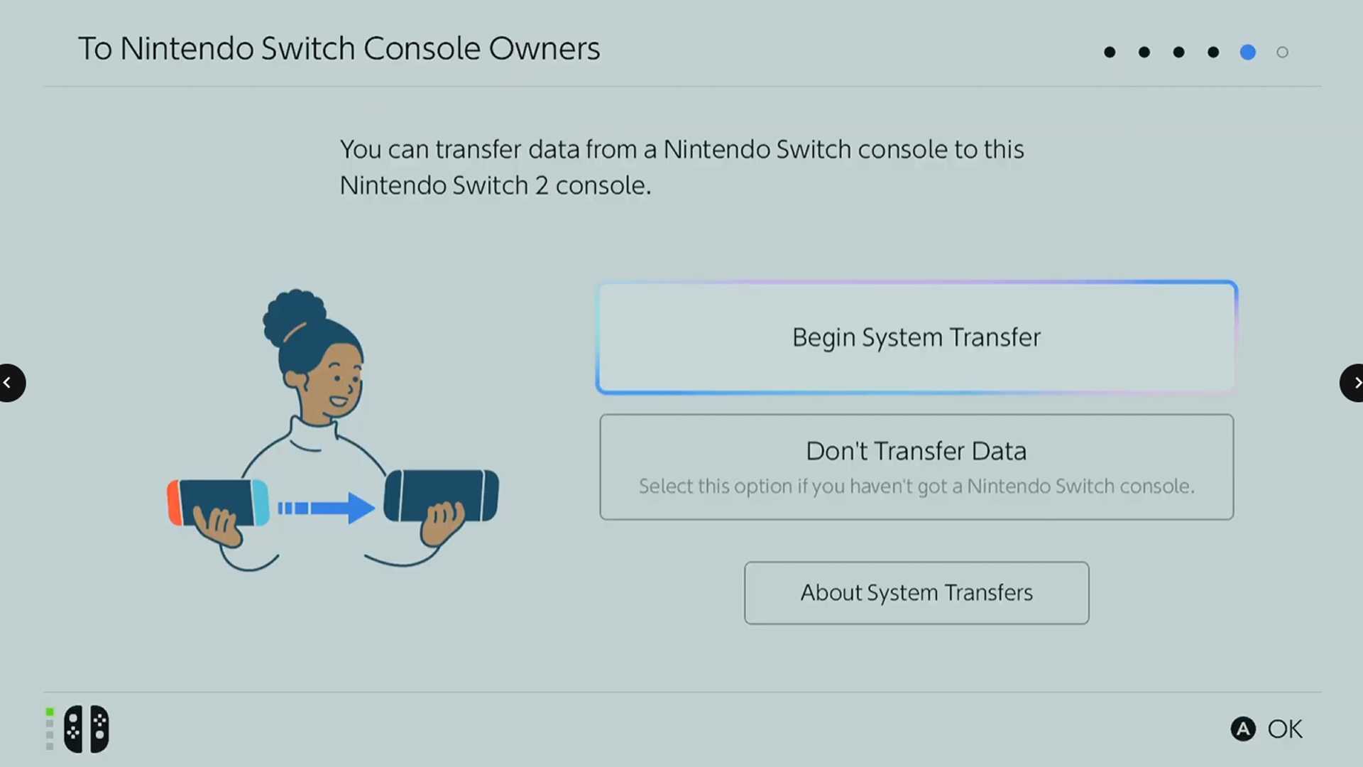 The screen where you can transfer your data from Switch 1 to Switch 2 during the setup process for Switch 2