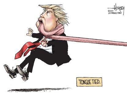 Political cartoon U.S. Trump tongue tied