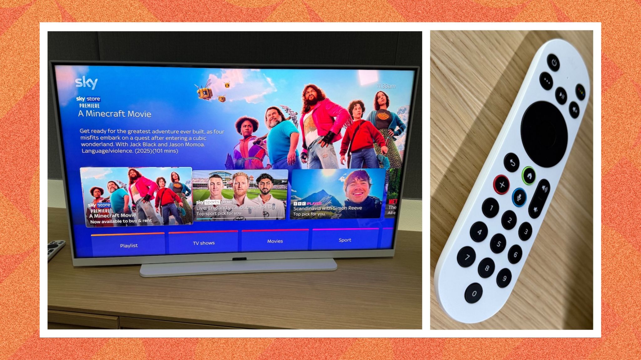 Sky Glass Air TV and remote in a collage image
