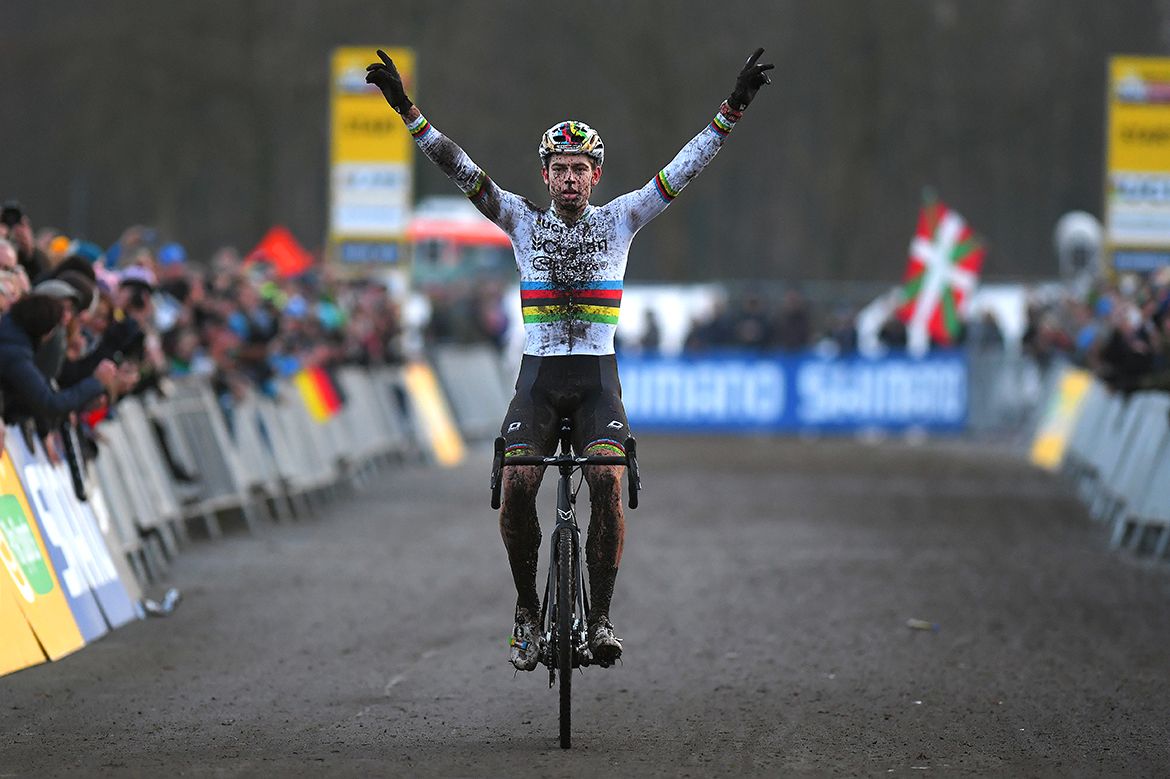 Wout Van Aert wheels across the line in Zeven.
