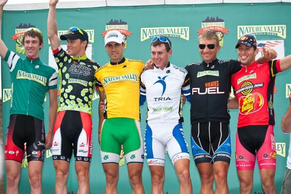 The men's jersey's: Nature Valley Top Amateur Chad Haga (Team Rio Grande), Sport Beans King of the Hill Kyle Wamsley (Bissel Pro Cycling), Nature Valley Race Leader Jesse Anthony (Kelly Benefit Strategies-OptumHealth), Tria Best Young Rider Joey Rosskopf (Team Type 1 Development), Wheaties Sprint Leader Robert Forster (United Healthcare Pro Cycling), Freewheel bike Most Aggressive Bernard Van Ulden (Jelly Belly p/b Kenda)