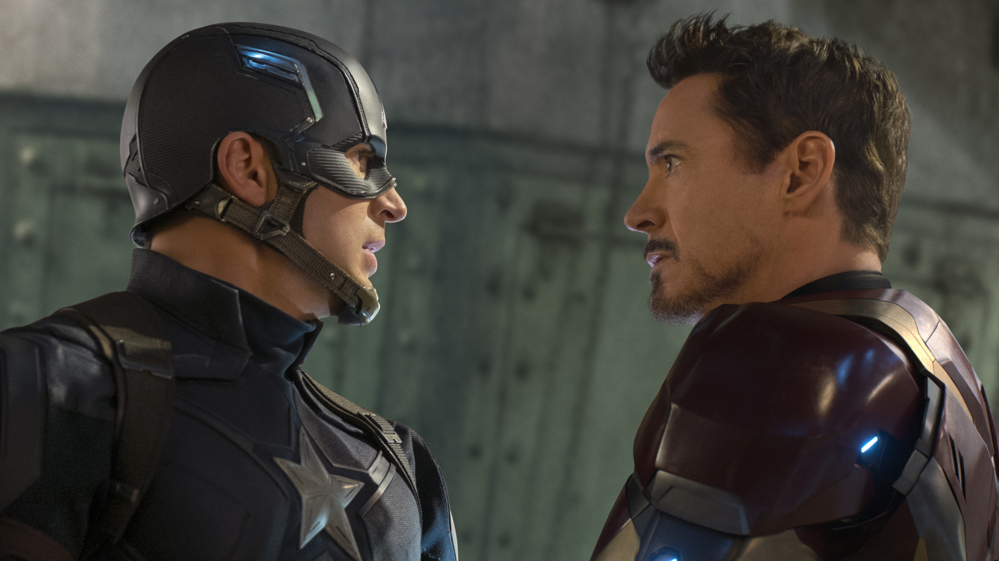 Steve Rogers (Chris Evans) and Tony Stark (Robert Downey Jr.) face off in Captain America: Civil War.
